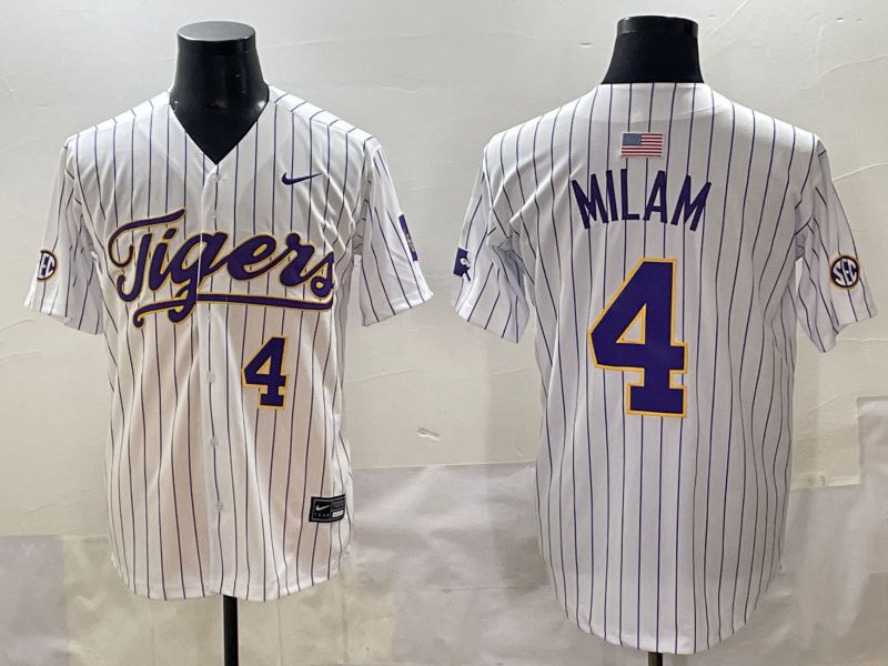 Men 2025 LSU Tigers #4 Milam White Stripe Nike Joint Name Nike NCAA Jersey style 5->ncaa teams->NCAA Jersey